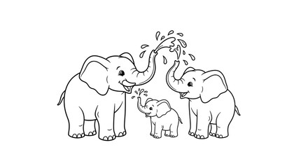 Elephant family playing with water outline for coloring book activity page