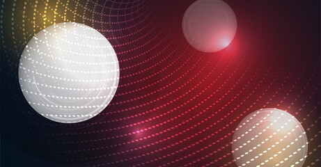 Abstract futuristic background with glowing spheres, dotted wavy lines, and gradient light effects in red, yellow, and white tones. Modern digital technology design. For cyber protection presentation.