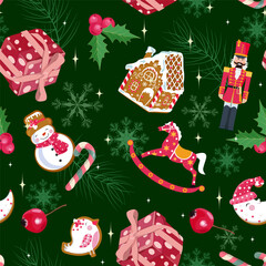 Christmas seamless pattern featuring nutcrackers, gingerbread and new year's toys. Perfect for kids' clothing and home decor, as well as wrapping paper.