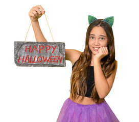Terrified child girl celebrating Halloween standing isolated over transparent background.