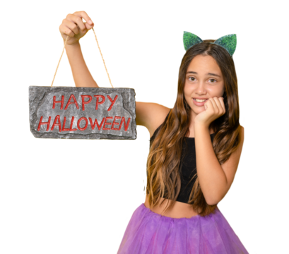 Terrified child girl celebrating Halloween standing isolated over transparent background.
