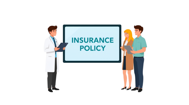 Doctor Explains Insurance Policy Document to a Couple on transparent background. Black Background medical healthcare isolated on a transparent background