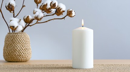 Candle With Gentle Flame and Soft Natural Decor on a Clean Neutral Background
