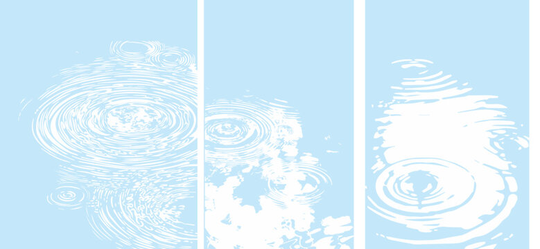 Triptych illustration displays water ripples against a serene light blue background, creating a calming effect with the white concentric circles suggesting a tranquil pond surface