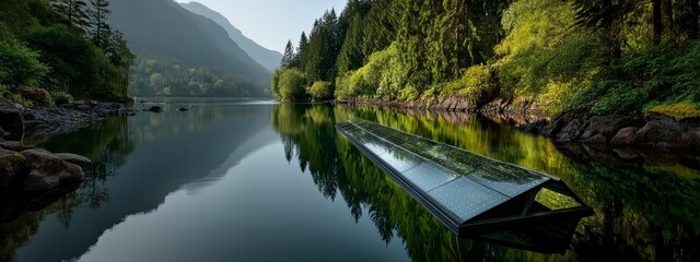 Fototapeta premium Tranquil Solar Panel Installation on Calm Lake Surrounded by Lush Green Forest
