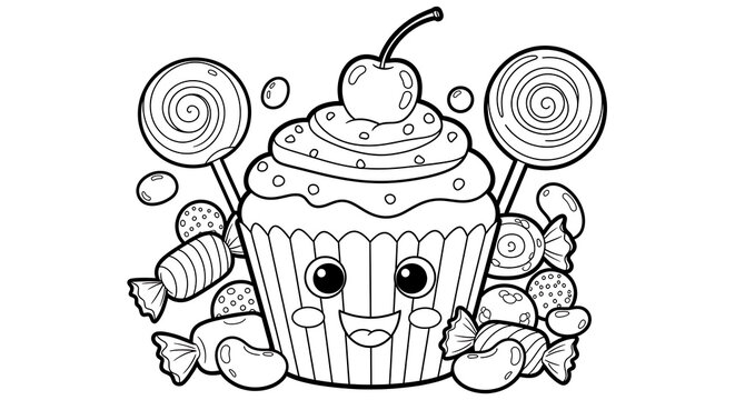 Cute Cupcake with Cherry and Candy Coloring Page for Kids and Adults