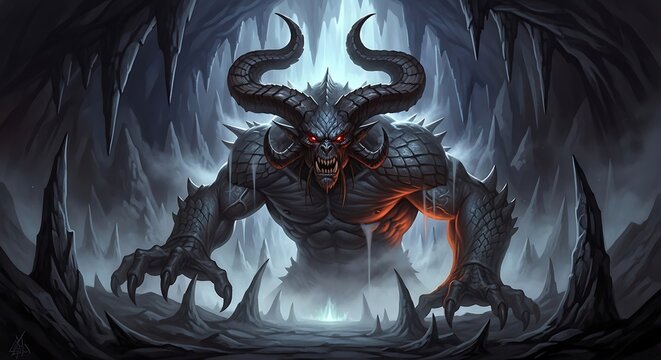 A formidable, dark demon emerges from a cavernous, icy abyss, its imposing presence filling the frame with menace and power. - Powered by Adobe