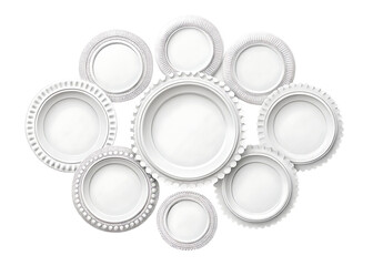 Collection of Decorative White Ceramic Plates with Ornate Rims graphic design isolated on a transparent background