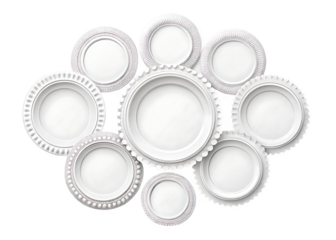 Collection of Decorative White Ceramic Plates with Ornate Rims graphic design isolated on a transparent background