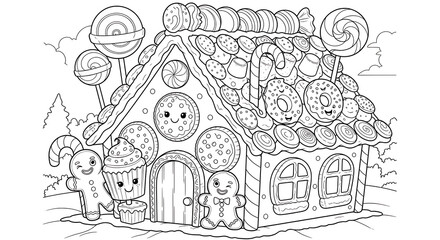 Gingerbread House Coloring Page with Cute Gingerbread Men and Candy Decorations