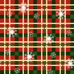 Seamless pattern with snowflakes on a colored background with a Scottish checkered texture. These tartan vector wallpapers can be printed onto fabric, such as shirts, textiles, curtains, and tableclot