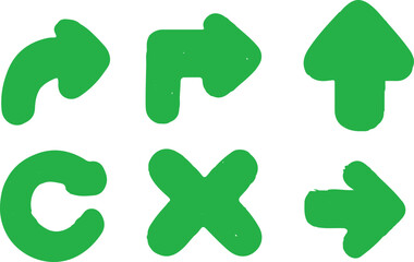 Fototapeta premium A collection of six hand-drawn green arrow and symbol icons, including right, up, curved, and 'X' shapes, on a white background.
