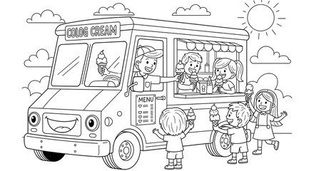 Naklejka premium Ice Cream Truck Coloring Page with Children Buying Treats on a Sunny Day