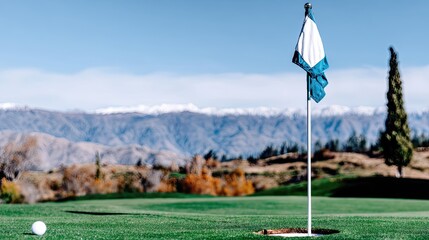 Wide Shot of Golf Flag on Putting Green Against a Clear Sky With Mountains in the Background