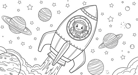 Astronaut girl in rocket coloring page with planets and stars background