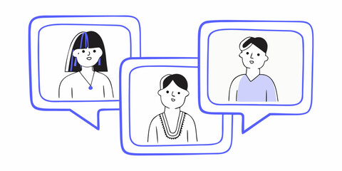 Diverse group of people communicating through speech bubbles representing online conversations and virtual meetings