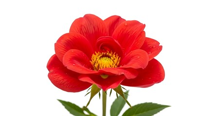 Vibrant red flower with delicate petals, showcasing a central yellow heart against a plain white backdrop.