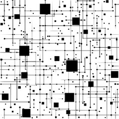 Black squares and circles connected by lines in an abstract network on a white background pattern design