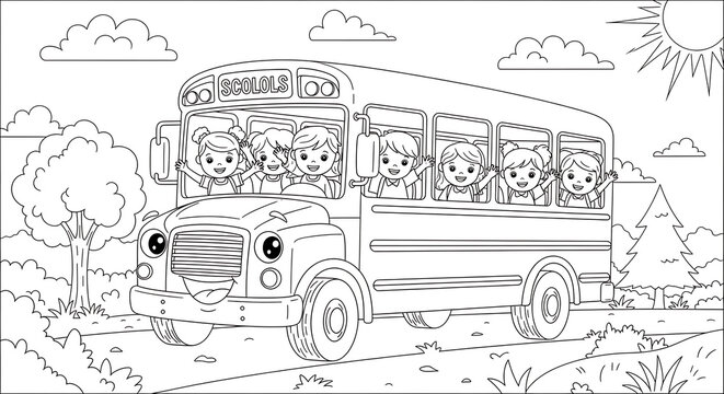 School Bus Coloring Page with Happy Children Ready for Educational Adventures