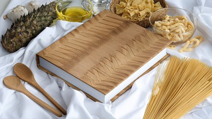 Rustic Wooden Cutting Board and Empty Cookbook Surrounded by Pasta and Cooking Ingredients