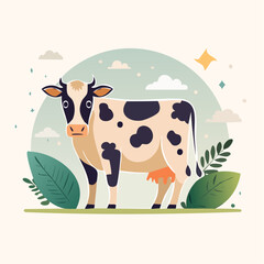 Whimsical Spotted Cow in a Cartoon Landscape, Adorable Farm Animal Illustration with Nature Elements