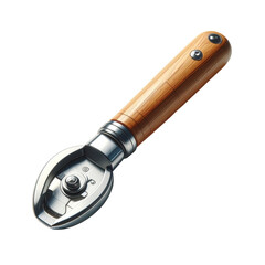 A detailed,  shot of a high-quality metal can opener with a light-brown wooden handle.