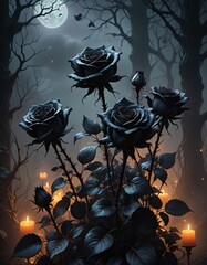 A dark rose in the night with purple and orange background for Halloween or gothic creations. 