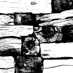 Monochrome close up of stacked wooden logs and planks with visible wood grain and textures in black and white