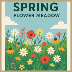 Bright colorful flower meadow in spring, fresh green grass, butterflies flying, warm sunshine, joyful atmosphere