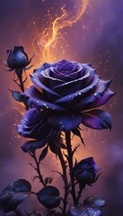 A dark rose in the night with purple and orange background for Halloween or gothic creations. 