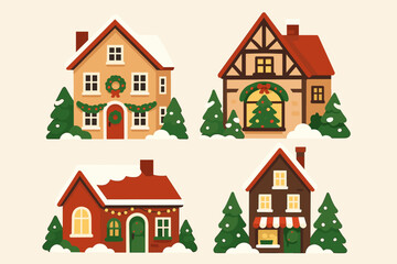 Festive Christmas houses with decorations and snow, cozy mood, in a winter landscape, copy space
