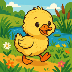 Cute yellow duckling walking happily by the pond, cheerful mood, in a colorful nature scene, copy space