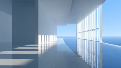 Obraz premium A spacious, minimalist interior design showcasing a large infinity pool with panoramic ocean views.