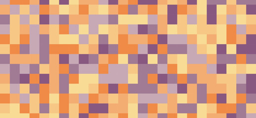 This image showcases a mosaic of small squares in a pattern with varied shades of orange, light yellow, and muted purple, creating a pixelated and geometric background texture