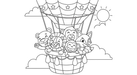 Adorable Animals in a Hot Air Balloon Coloring Page for Children