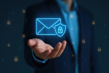 Businessman holding glowing email icon with shield and padlock symbolizing secure communication, encrypted email, data protection, cybersecurity, online privacy, and safe digital messaging