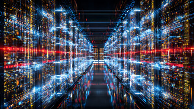 Futuristic digital corridor with glowing data streams and reflective surfaces