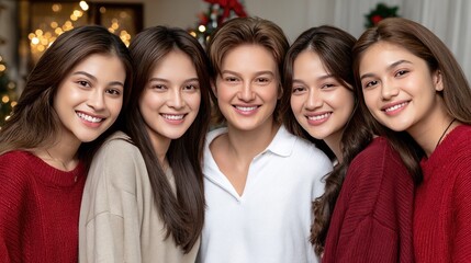 Fototapeta premium Family members share a joyful moment surrounded by Christmas decorations and warm lights while wearing matching red sweaters