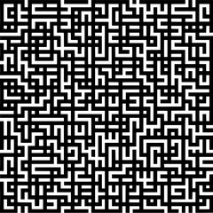 A complex black and white labyrinthine pattern with intricate interconnected pathways and geometric shapes design