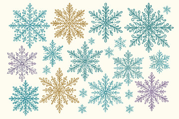 Decorative snowflakes in various colors and designs, wintery mood, in a whimsical style, copy space