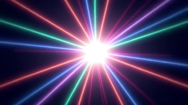 Lines radiate from bright point. Animation. Beautiful bright dot emits multicolored rays of light. Colorful rays radiate from white star in outer space