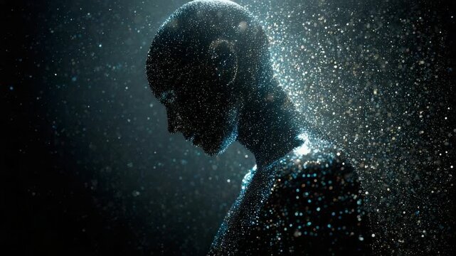 Futuristic humanoid silhouette made of glowing particles slowly disintegrating on a dark background. Metaphor for artificial intelligence, digital identity, data, and technological singularity