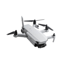 A white drone, with dark gray propellers, is presented against a black background.