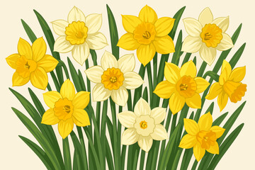 Bouquet of daffodils with cheerful colors in a soft pastel background for spring decor