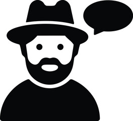 Bearded Man Wearing Hat Icon with Speech Bubble - Thoughtful Gentleman Character Vector Illustration, Communication and Idea Concept.