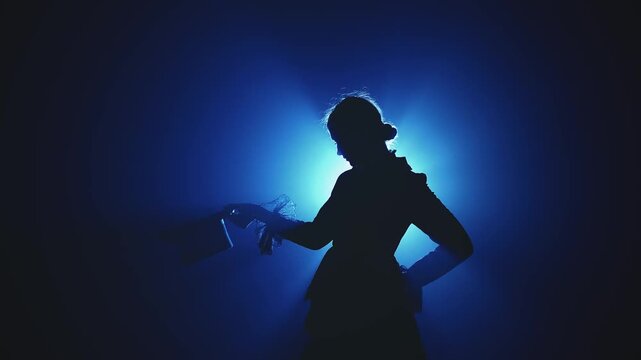 Gentleman silhouette gesture greeting, takes off top hat and puts it on head. fog dark city street night. person dressed in tailcoat, frock coat suit, black classic bowler hat 1800s vintage old style