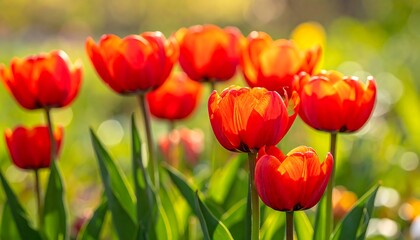 Obraz premium A cluster of vibrant red flowers with green stems and leaves bask in warm sunlight, creating a colorful and cheerful spring scene