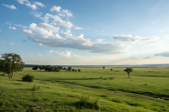 Vast green landscape under a dramatic cloudy sky at sunset