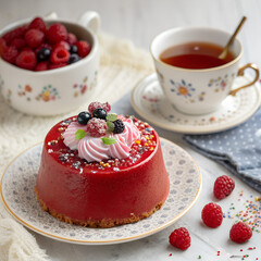 red round cake sweets meal dessert with tea close-up
