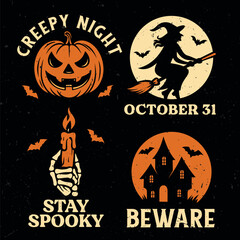A collection of halloween items including a pumpkin and a witch - Vector design for printing. Good for poster, wallpaper, t-shirt, gift.